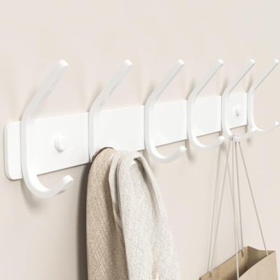 Crochets muraux pour porte-manteau - 38 cm (15 pouces) - Métal blanc mat - Organisateur mural à 6 crochets, style moderne pour chambre d'enfant, entrée et salle de bain - Idéal pour les serviettes de plage, manteaux, sacs à main et autres sacs (1 paquet)