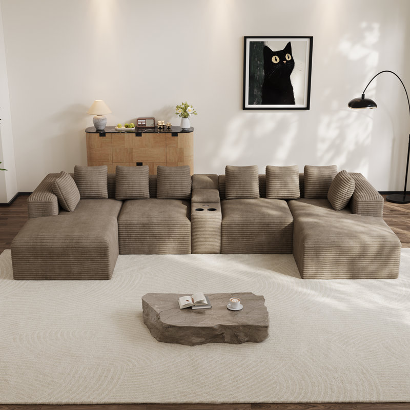 143"W 5 - Piece No Assembly Required Sectional Compression Sofa with Console & Cup Holder, Light Brown