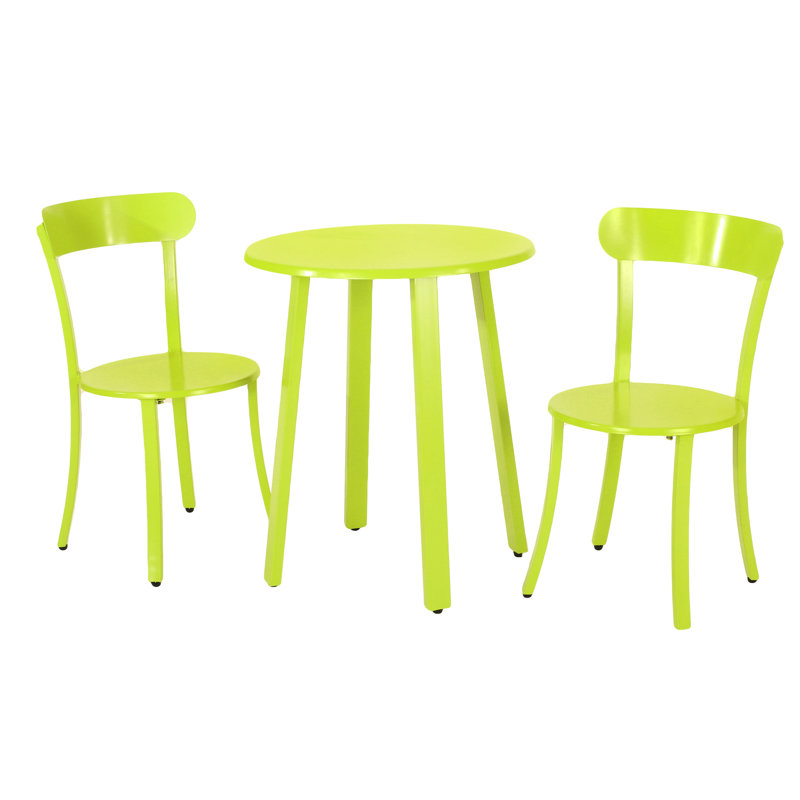 Bistro d'extérieur en lime mat, fabriqué en fer et charmant, 2 chaises et 1 table thermolaquées, finition mate, charmant endroit avec