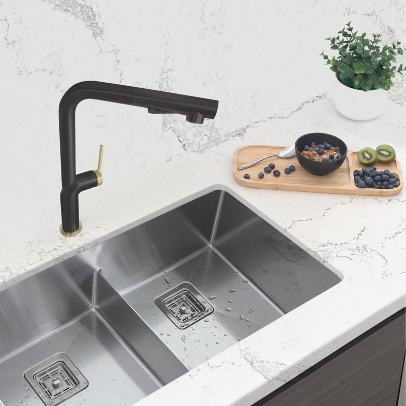 Modern Single Handle Kitchen Faucet, Noir mat / Or