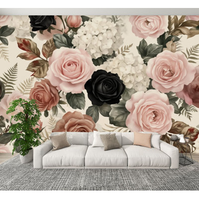 Papier peint à peler et coller, feuilles de botanique rétro, rosé doux, crème, feuilles de botanique foncées, papier peint amovible, adhésif mural en PVC, H 100 po x l 144 po, pour fond de canapé de chambre à coucher