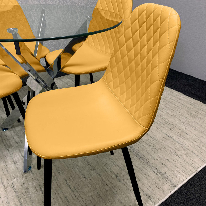 Maya Round Glass Dining Table with 4 Gem Chairs Chrome Finish, Mustard