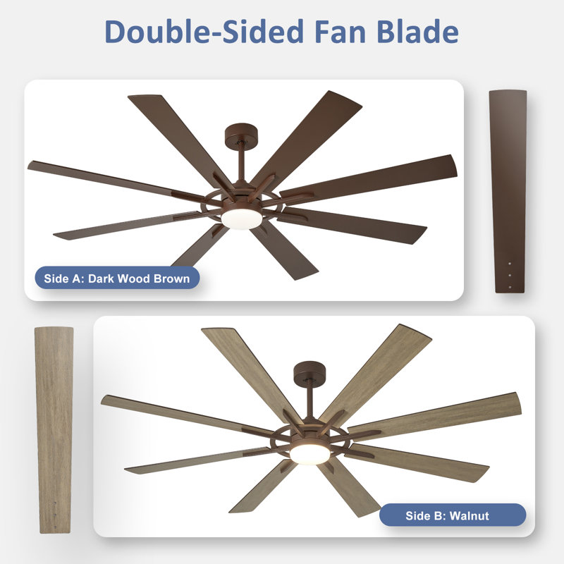 72 Inch Large Ceiling Fan with Light, Modern 8-Blade Walnut and Wood Grain Indoor Outdoor Fans with Remote App Control Dimmable Light, Quiet DC Motor Reversible 6 Speed Timer