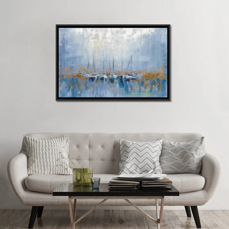 «Bateaux dans le port I», reproduction sur toile, H 40 po x l 60 po x P 1,5 po, Toile avec cadre noir, Pas de tapis