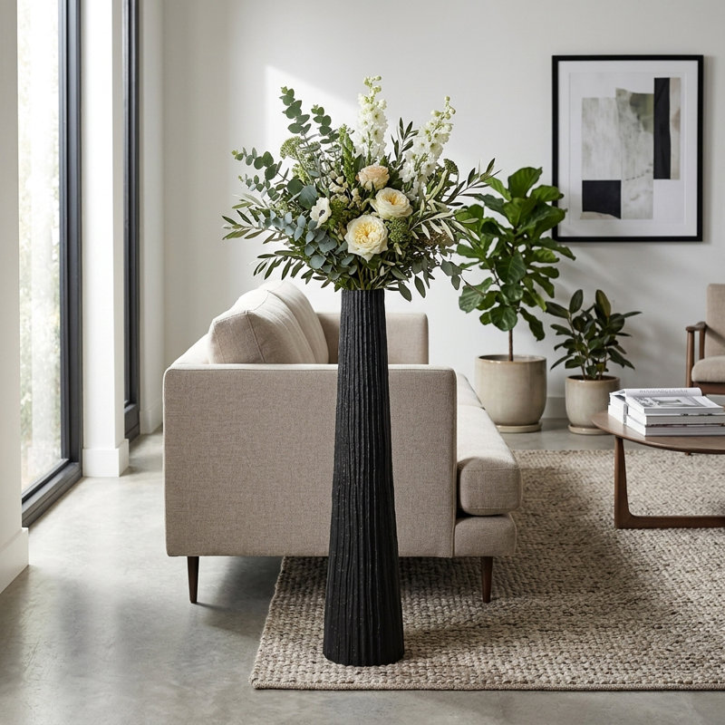 Vase de sol décoratif en métal pour espace ouvert - Vase de table moderne avec finition texturée pour le salon ou les coins - noir