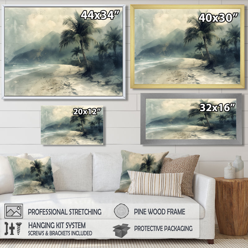Monochromes gris palmiers, oasis tropicale - palmiers et palmiers, impression d'art mural, H 24 po x l 32 po, Toile tendue