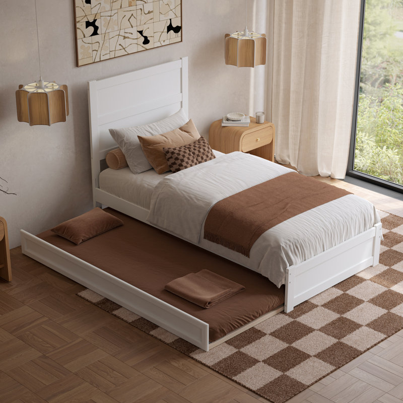 Lit plateforme en bois avec pied de lit et gigogne Aveline, Très grand simple, Blanc
