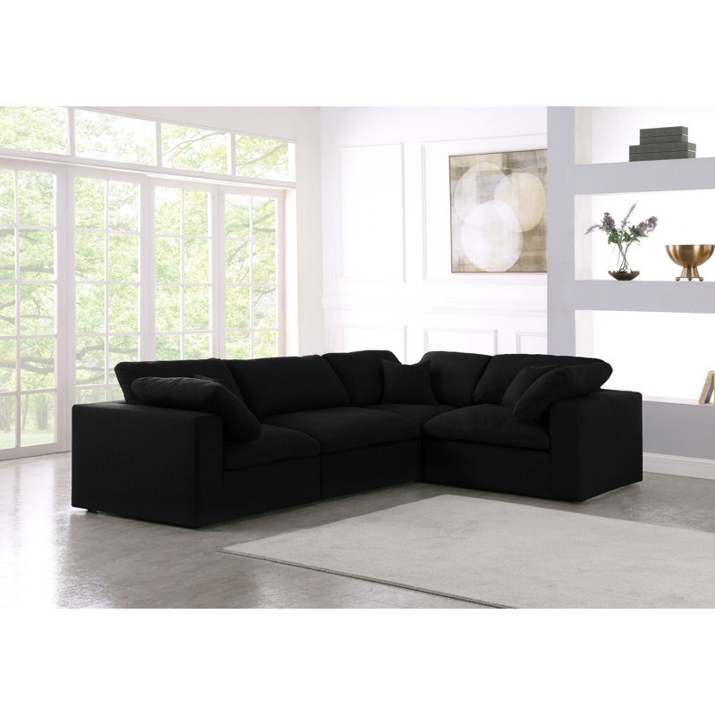Hitha Upholstered L-Shaped Sectional Reversible, Black Linen Textured Fabric