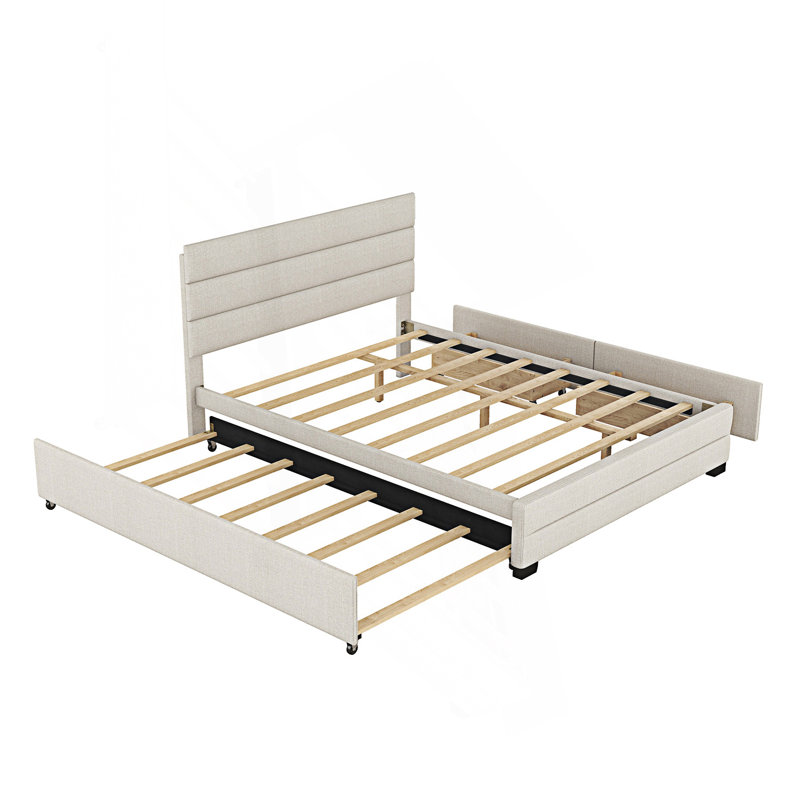 Lit plateforme tapissier avec lit gigogne et deux tiroirs