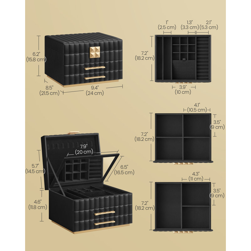 Boîte à bijoux à 3 niveaux avec miroir, organisateur de bijoux avec 2 tiroirs, surface en PU avec coutures, Noir encre