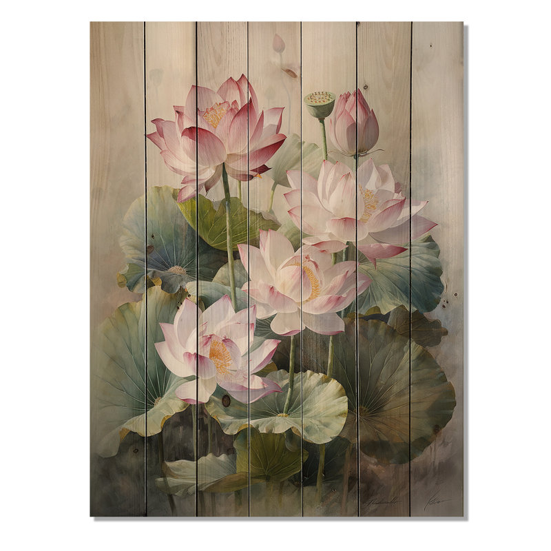 Lotus Exquis Bouquet I - Art mural en bois de lotus sur bois de pin naturel, H 40 po x l 30 po