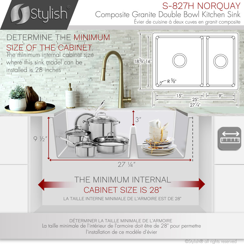 STYLISH Pietra 27" Dual-Mount 60/40 Low-Divider Double Bowl Quartz Composite Granite Kitchen Sink with Strainer, White