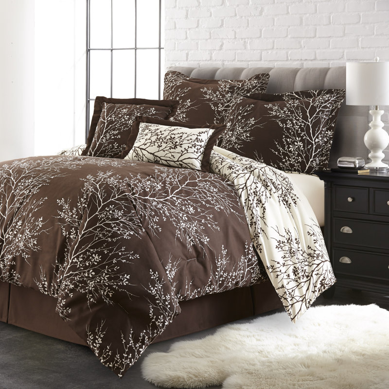 Foliage Reversible Comforter Set, Chocolate/White, Twin Comforter Set + 4 Additional Pieces