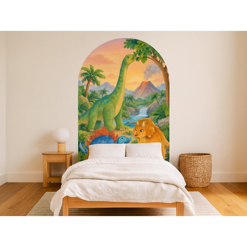 Dinosaur Headboard Wall Decal, Peel and Stick Arch Mural for Kids Room, Brontosaurus Stegosaurus and Triceratops Prehistoric Valley Scene, Toddler bed 30"W x 45"H (76 x 114 cm)
