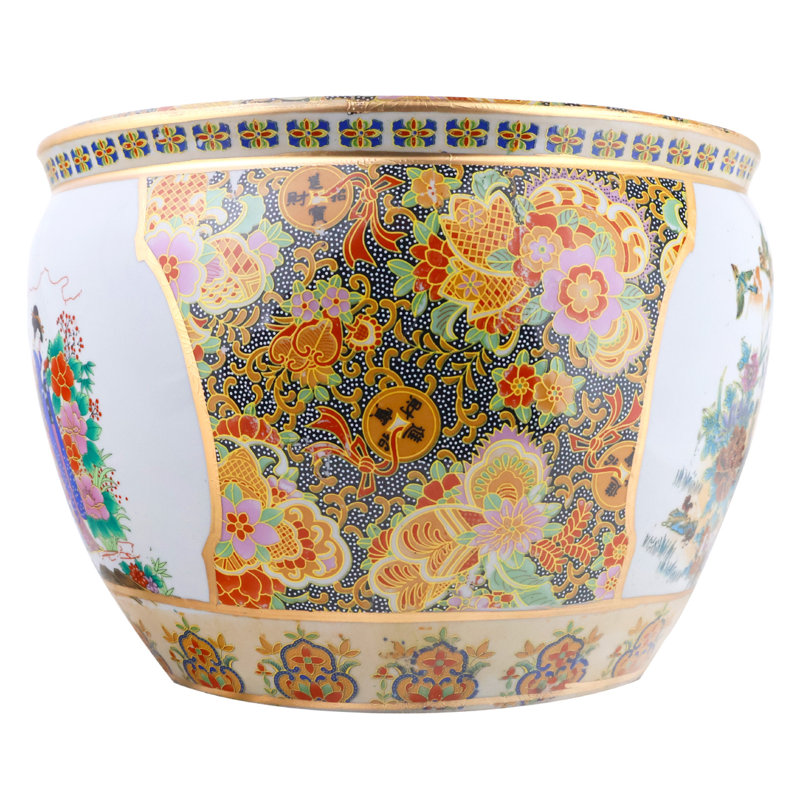 Chinese Porcelain Fishbowl Planter with Satsuma Geisha, 9" H x 12" W x 12" D