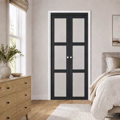 Porte pivotante en bois manufacturé à 3 portes de 36 po x 80 po avec porte vitrée avec trousse de quincaillerie d'installation (porte de garde-robe) noire