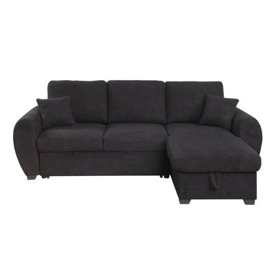 Veronica 95" Black Teddy Fleece Reversible Sleeper Sectional Sofa with Storage Chaise