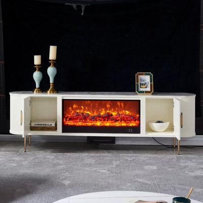 Beige Solid Wood TV Cabinet Heating Fireplace