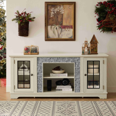 58" Modern TV Stand with 2-Door Storage, Faux Stone Media Console Cabinet, Large Entertainment Center for Living Room