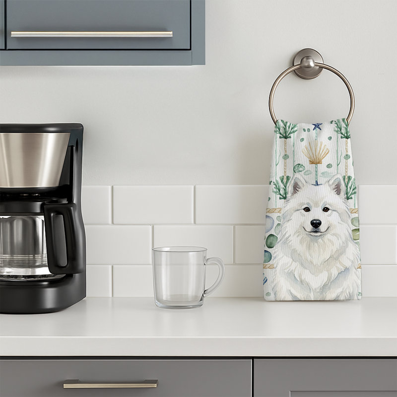 White Samoyed Coastal Sea Glass Kitchen Towel, White Samoyed