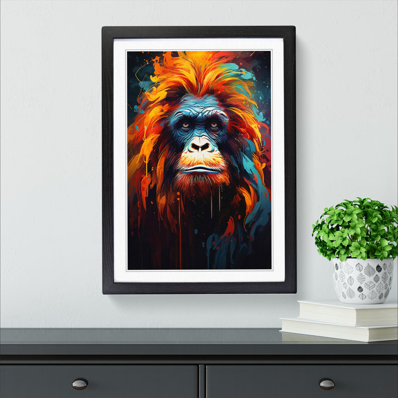 Orangutan Expressionism No.2 - Single Picture Frame Print on Wood, 64cm H x 46cm W x 2cm D, Black Framed