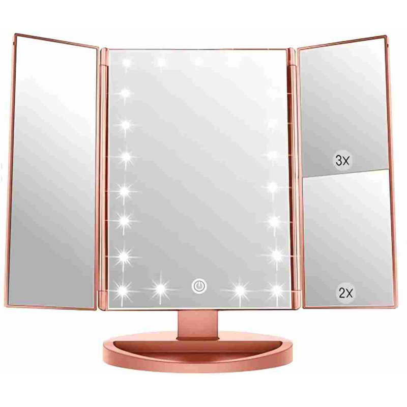 Miroir de maquillage lumineux 3 plis, grossissement 1/2/3, or rose