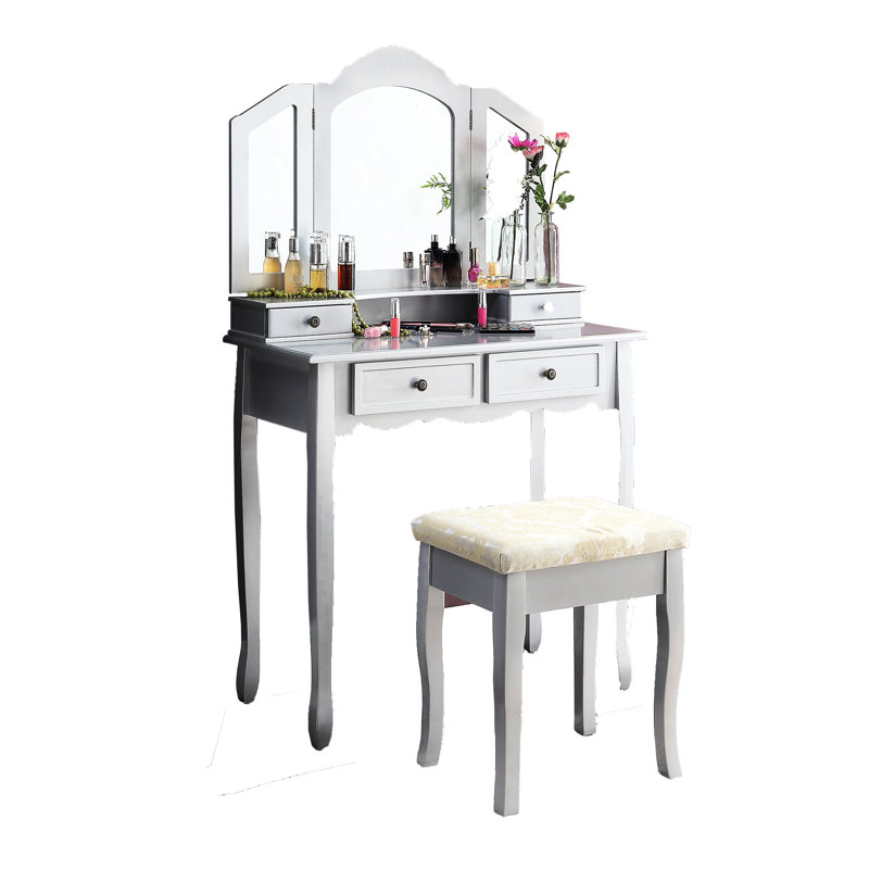 Wood Vanity In Silver - Make Up Table With Storage For Accessories Finish Four Box Drawers & Mirror