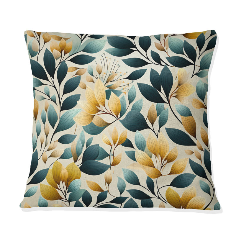Yellow And Teal Natural Botanical Harmony - Botanical Printed Throw Pillow, 16"H x 16"W