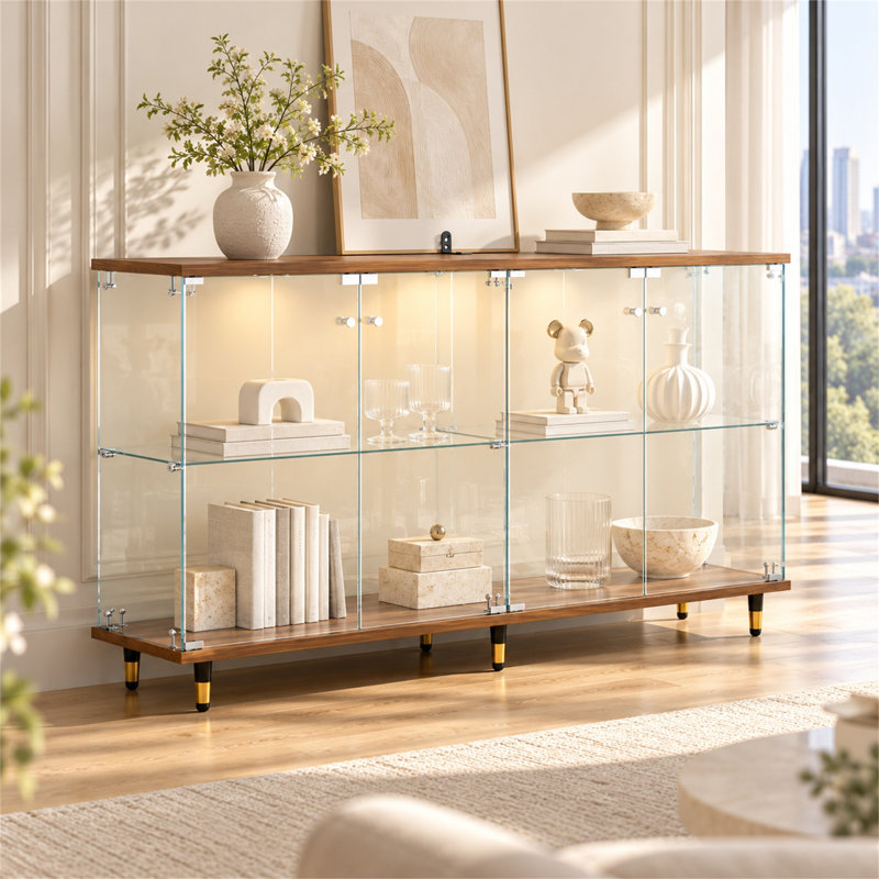 63" W Walnut Top Glass Display Cabinet with 4 Doors & App-Controlled LED