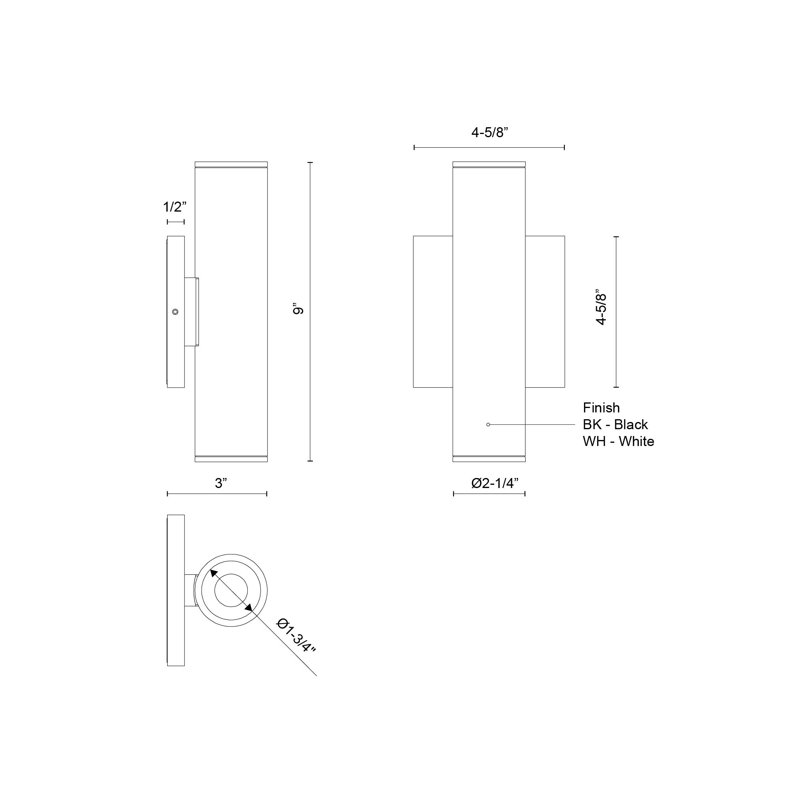 Lorna 2 - Light LED Flush Mounted Sconce, 14 W, 9" H x 4.63" W x 3" D, Black