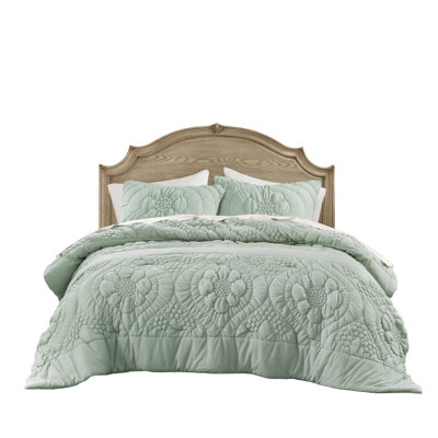 3 édredon double / grand en sauge, motif floral romantique avec texture gonflée, douceur tricotée pour tout confort, literie lavable à la machine, toute l'année
