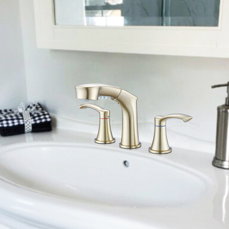 Stainless Steel Bathroom Sink Tap - 2, Widespread, Brushed Gold, Detachable Aerator For Hygiene Maintenance 2 Gold Faucet Steel, Pull-Out Spray Head,