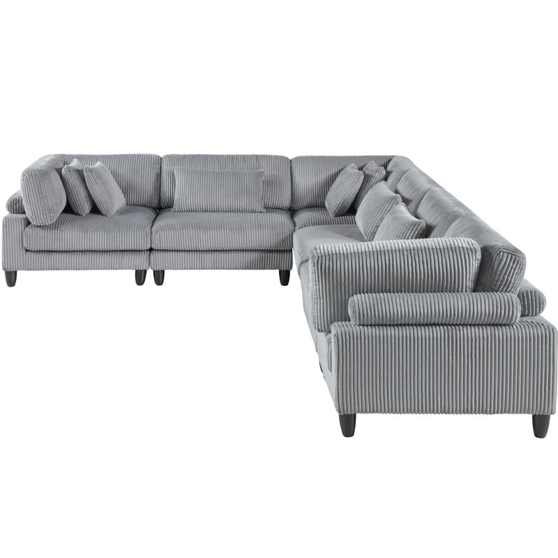Modern 6Pc Sectional, Gray Corduroy Fabric, 3X Corner Seats, Armless Chairs, Loose Seat Cushions, Living Space Contemporary Sectional , Corduroy, Chairs & Foam Padding Over Pocket Coils