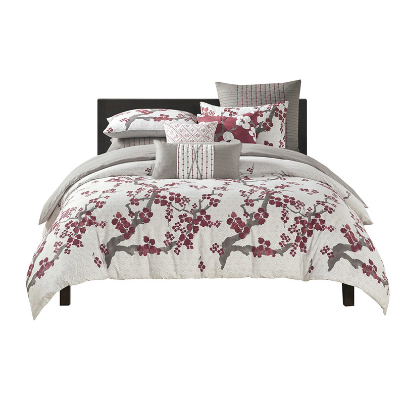 Collection de literie pour grand lit Cherry Blossom - 100% coton, housse de couette à imprimé floral, lavage à la machine, motif de housse de couette avec taies décoratives, boutonné, comprend des taies décoratives, lavable