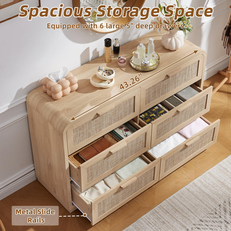 Ensemble de 3 pièces en rotin de style bohème incurvé, comprenant une commode à 6 tiroirs et des tables de chevet à 2 tiroirs avec station de recharge.