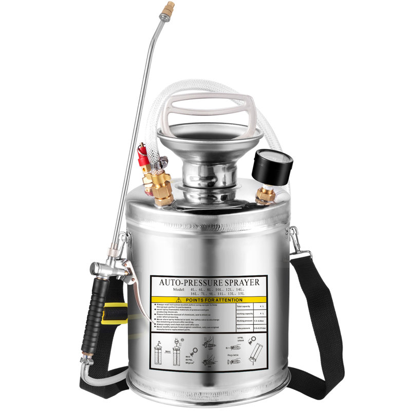 Acier inoxydable 1Gal, ensemble avec baguette et poignée de 12 po et tuyau renforcé de 3 pi, pulvérisateur à pompe manuelle avec manomètre et soupape de sécurité, buse réglable adaptée au jardinage et à la désinfection, argent