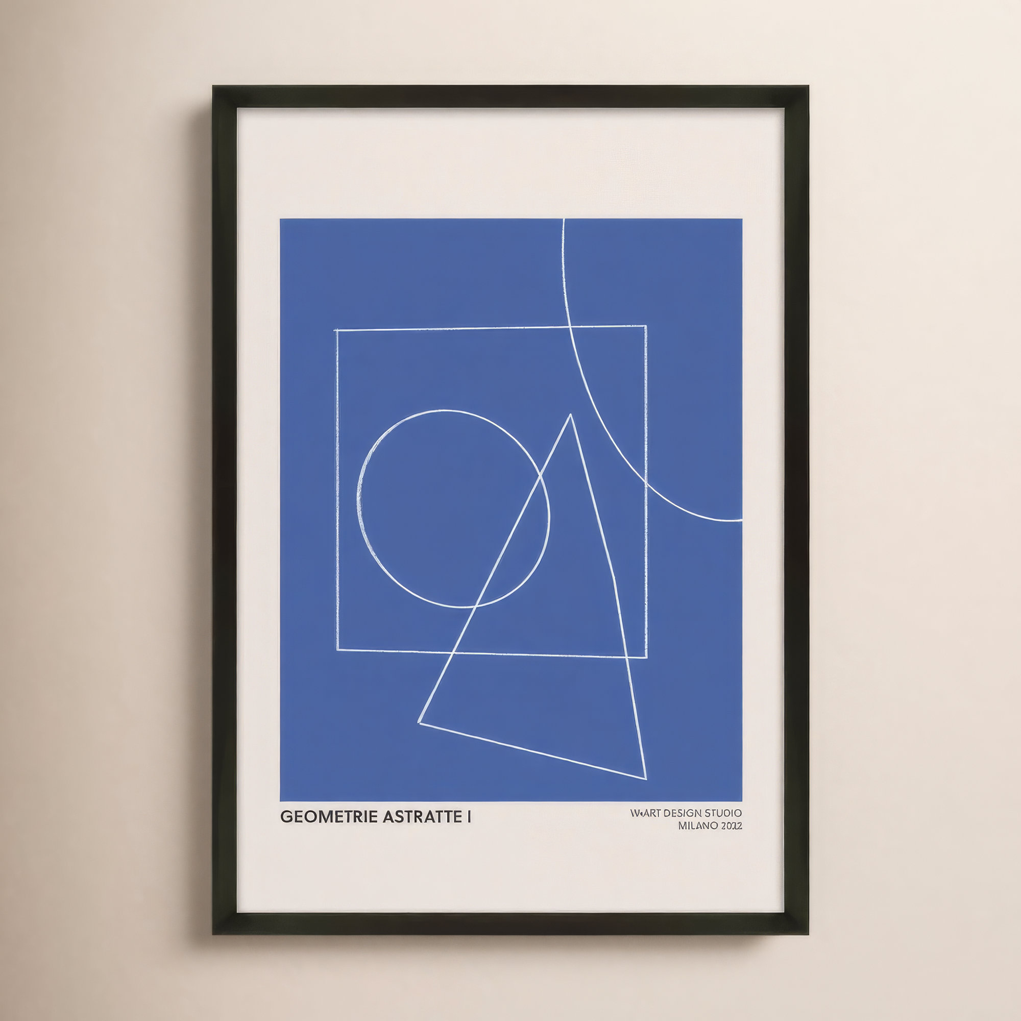 Geometric Abstraction In Blue by Romina Gadler, 20" H x 14" W x 1.25"D, Black