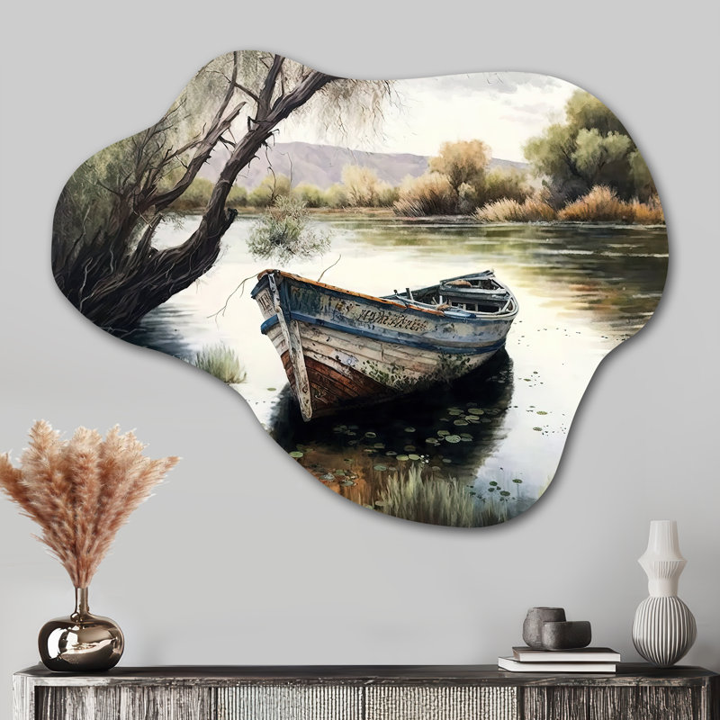 Bateau de pêche dans la rivière - impression de sculpture murale en métal asymétrique, H 27 po x l 35 po x P 1 po