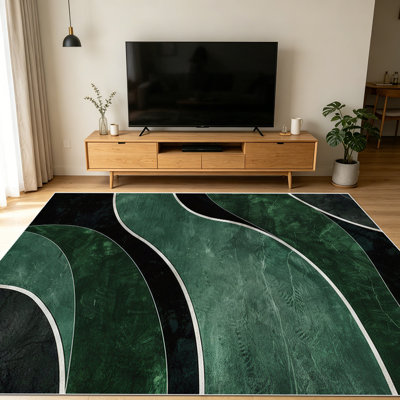 Tapis de fond à motif géométrique abstrait ondulé vert foncé de 1 pièce pour salon, doux et confortable, tapis de sol intérieur toutes saisons, facile d'entretien et lavable à la machine, idéal pour la salle à manger, la chambre à coucher, la cuisine, la décoration intérieure et extérieure.