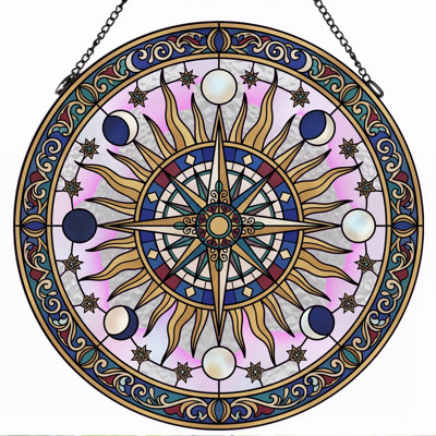 Sun Moon Stained Glass Window Panel，7.8H