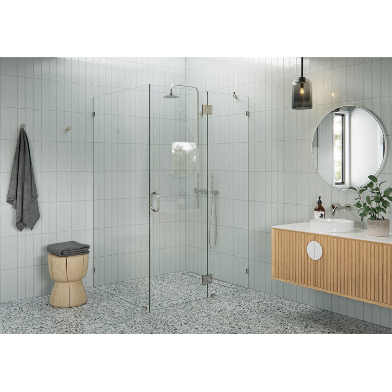 Halo 46 in. x 40 in. x 78 in. 90-degree Fully Frameless Glass Hinged Shower Enclosure, Polished Nickel