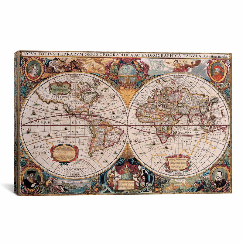 Impression sur toile, "Mappemonde antique" par Henricus Hondus, H 26" x 40" W x 0.75" D
