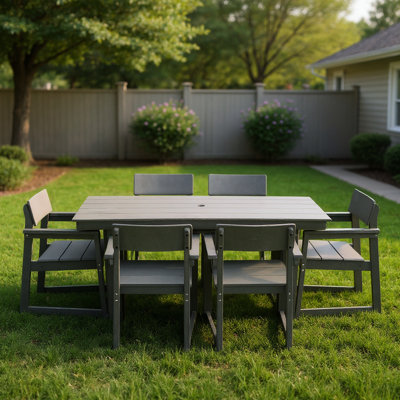 Grey 7 Outdoor Dining With 6 Armrest Chairs Weather- Patio Table Umbrella Hole, Suitable For Lawn And Backyard, Long-Lasting Seating Hole Chairs, Deck Poolside, Strong Impact Resistance