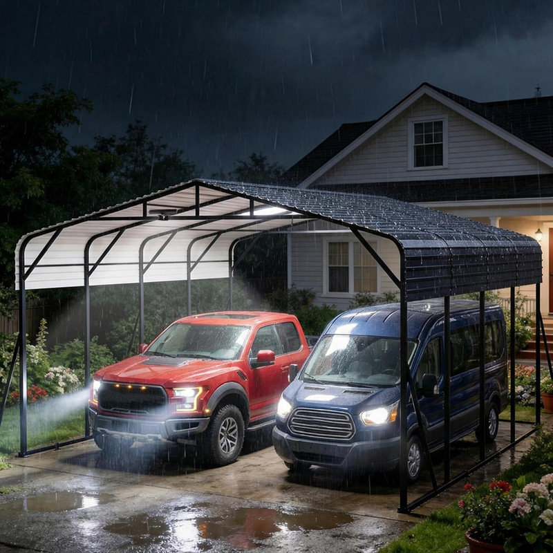20x20 FT Heavy Duty Metal Carport for 2 Cars, Galvanized Steel Roof, Reinforced Base, LED Light, Outdoor Portable Garage for Boats, Full-Sized Pickup Trucks