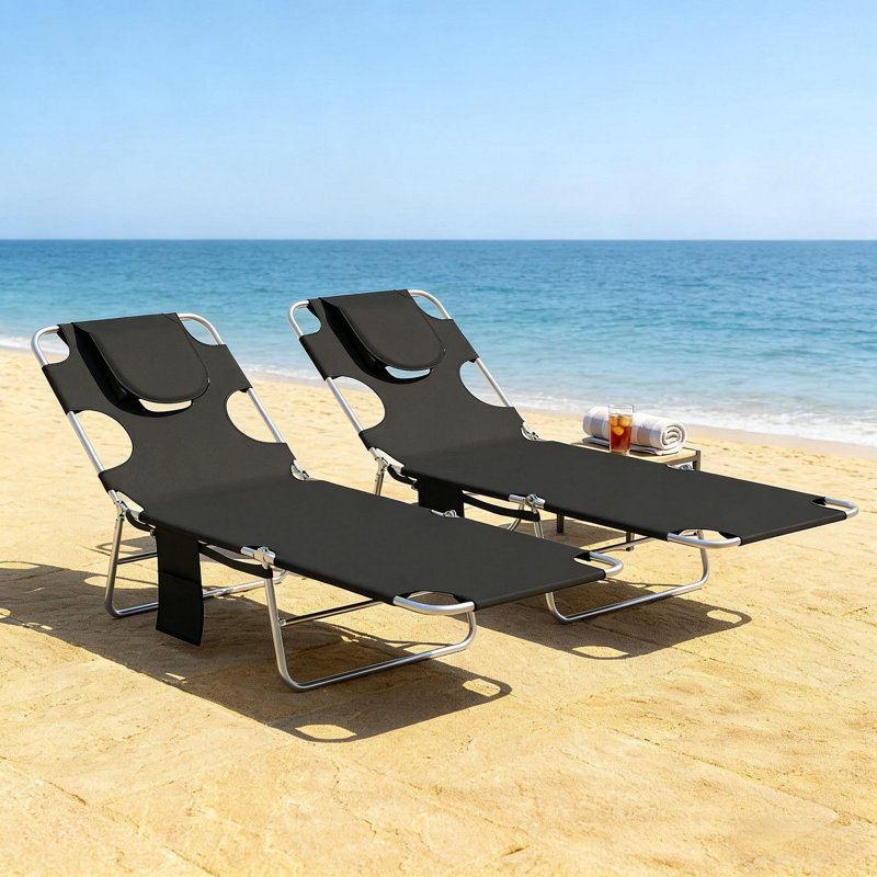 Chaises de bronzage de plage, ensemble de deux chaises longues pliantes, chaises longues d'extérieur à dossier réglable, Noir