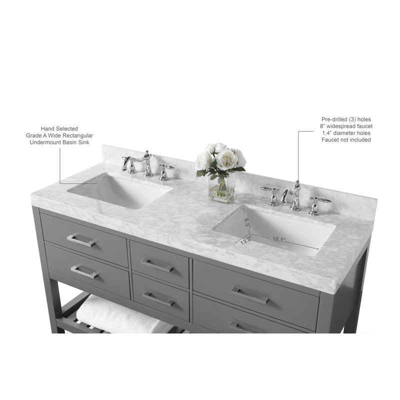 Elizabeth 60'' W Double Vanity, Sapphire Gray/Brushed Nickel, Carrara White Marble