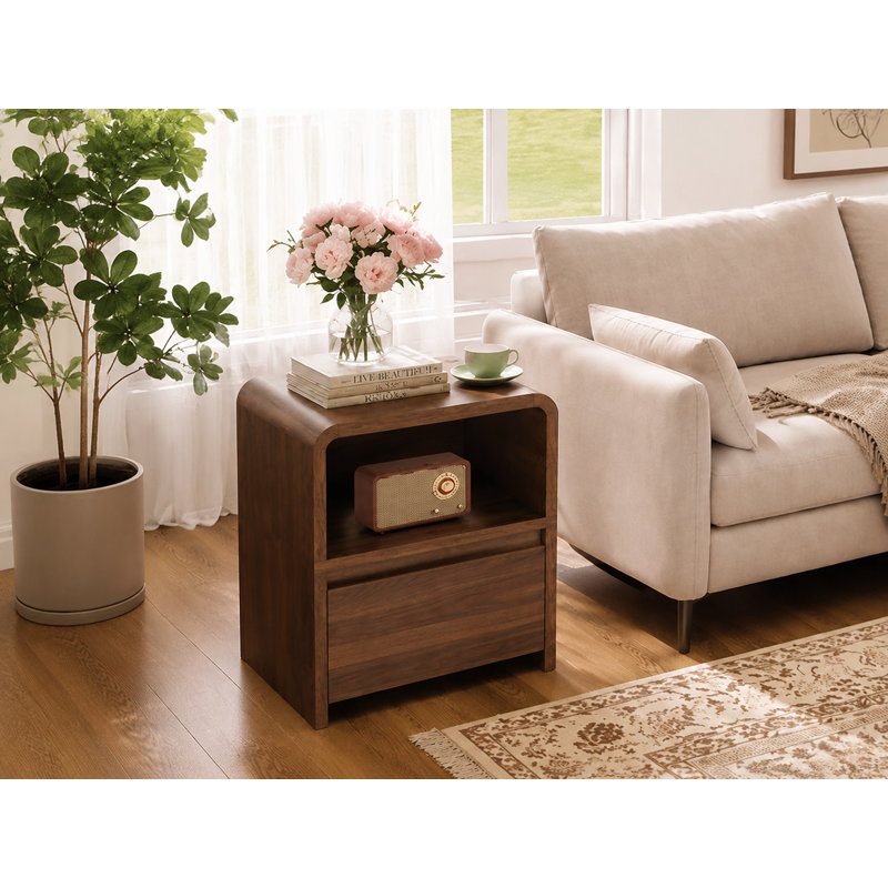 Tables de chevet de 40 cm de large, en bois, avec tiroir et station de recharge, Noyer