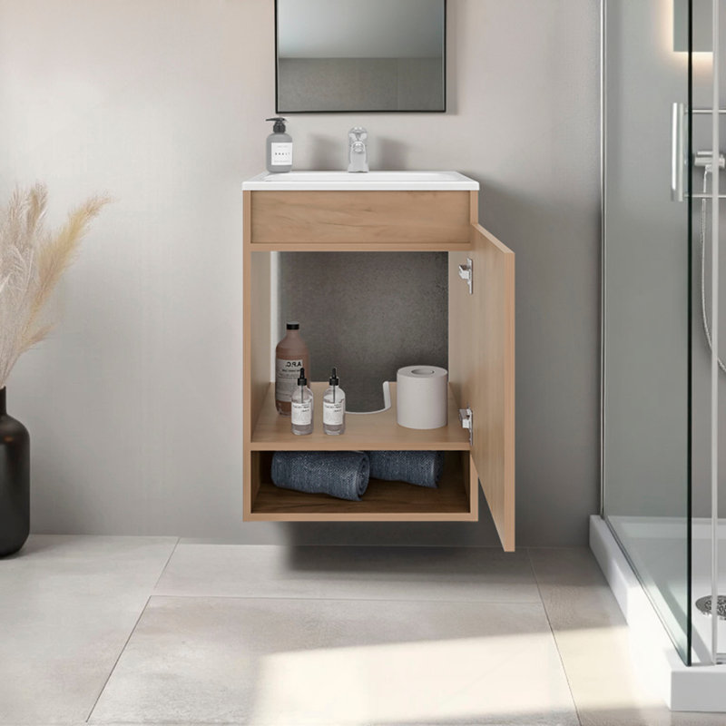 Meuble-lavabo mural Wright avec lavabo, 2 portes, tablette ouverte, lavabo intégré, chêne naturel Wright