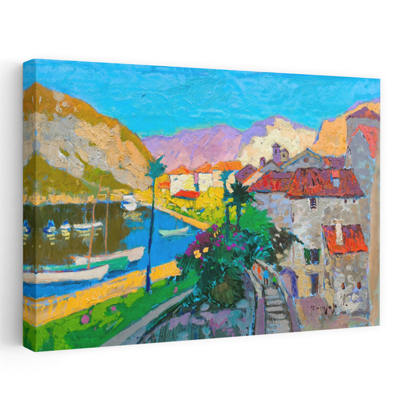 Art contemporain, paysage côtier serein, vibrant et coloré, H 16 po x l 24 po