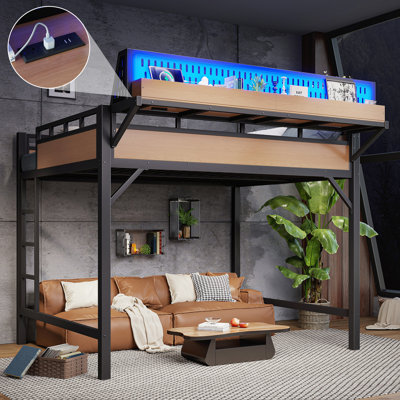 Queen Size Loft Bed Frame With Storage Shelves And Pegboard, Metal Loft Bed With Usb Ports And Led Lights, Safe And Sturdy, Natural